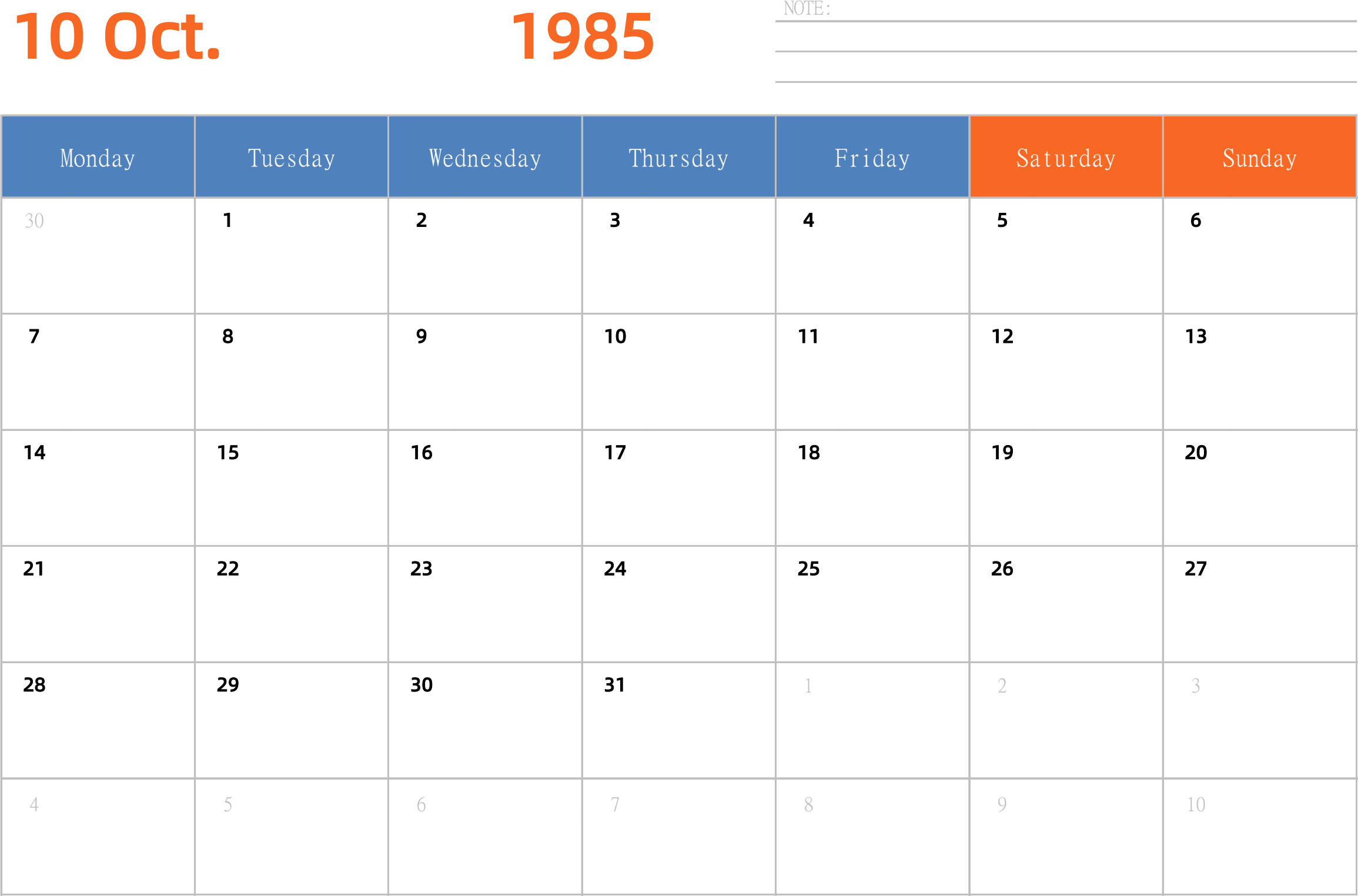 日历表1985年日历 英文版 横向排版 周一开始